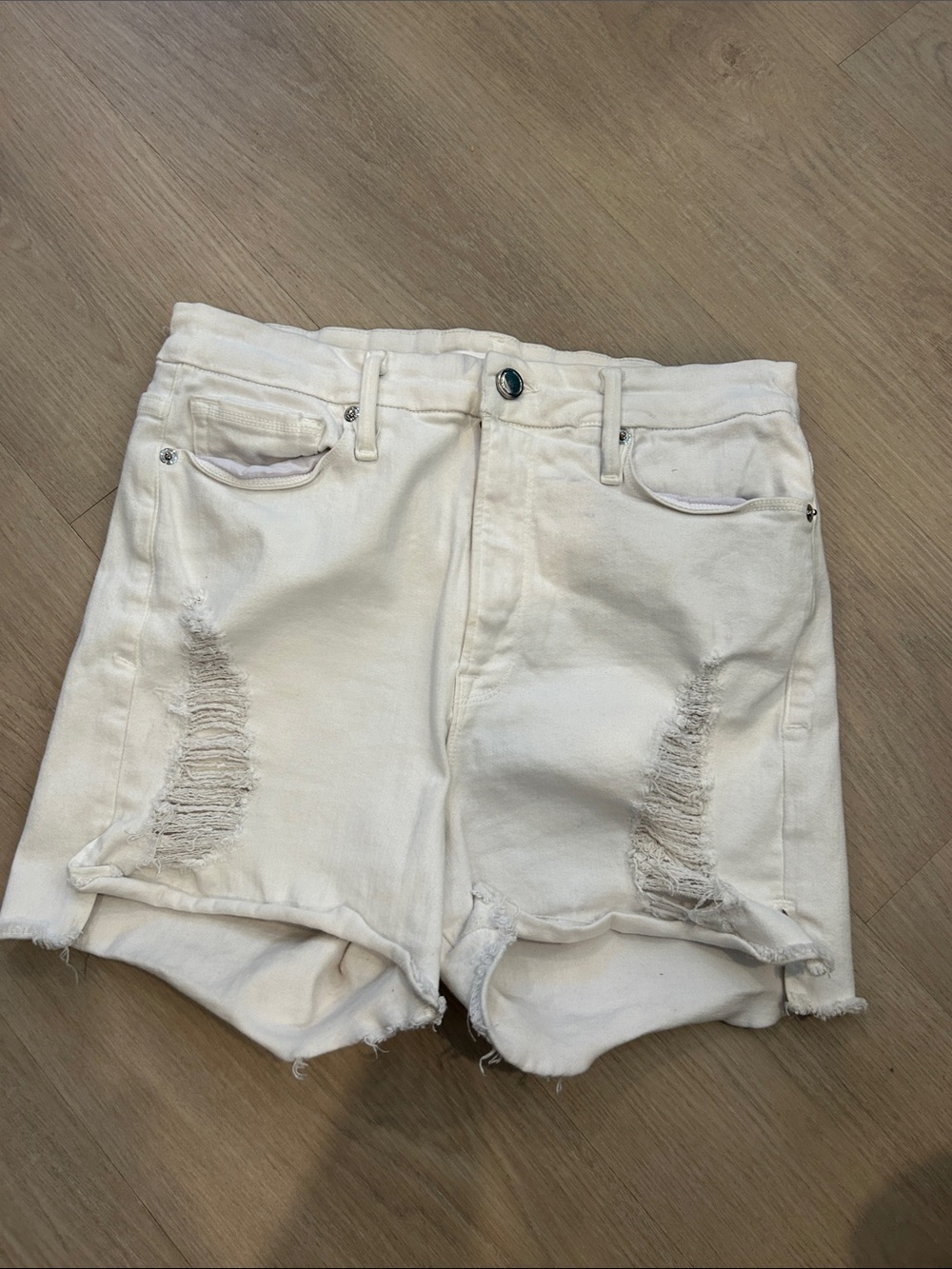 Good American White Distressed Denim Shorts